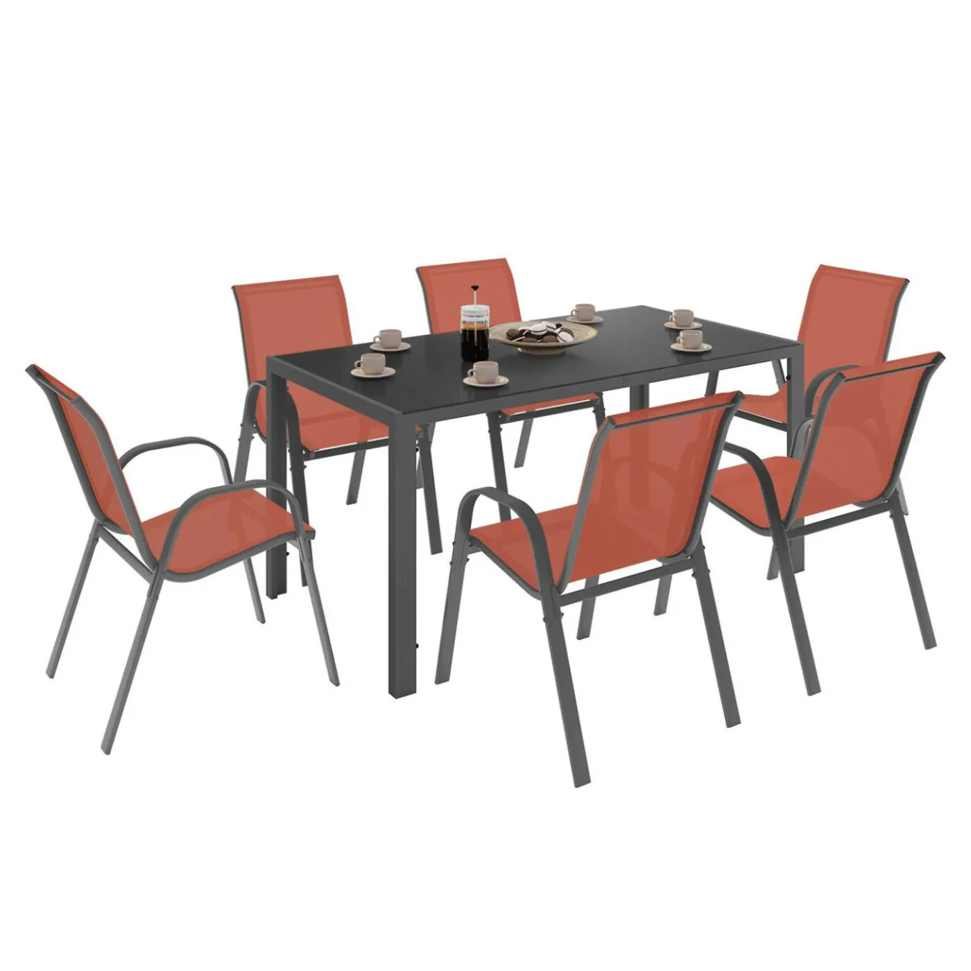 Salon de jardin avec table 150 cm et 6 chaises empilables terracotta et acier