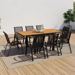 Salon de jardin avec table bois et noir + 8 chaises
