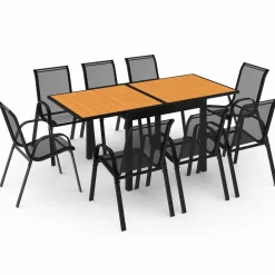 Salon de jardin avec table bois et noir + 8 chaises