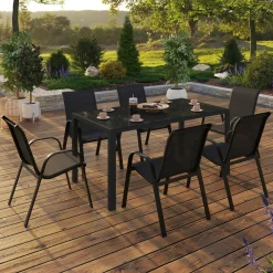 Salon de jardin avec table 150 cm et 6 chaises empilables noir et acier