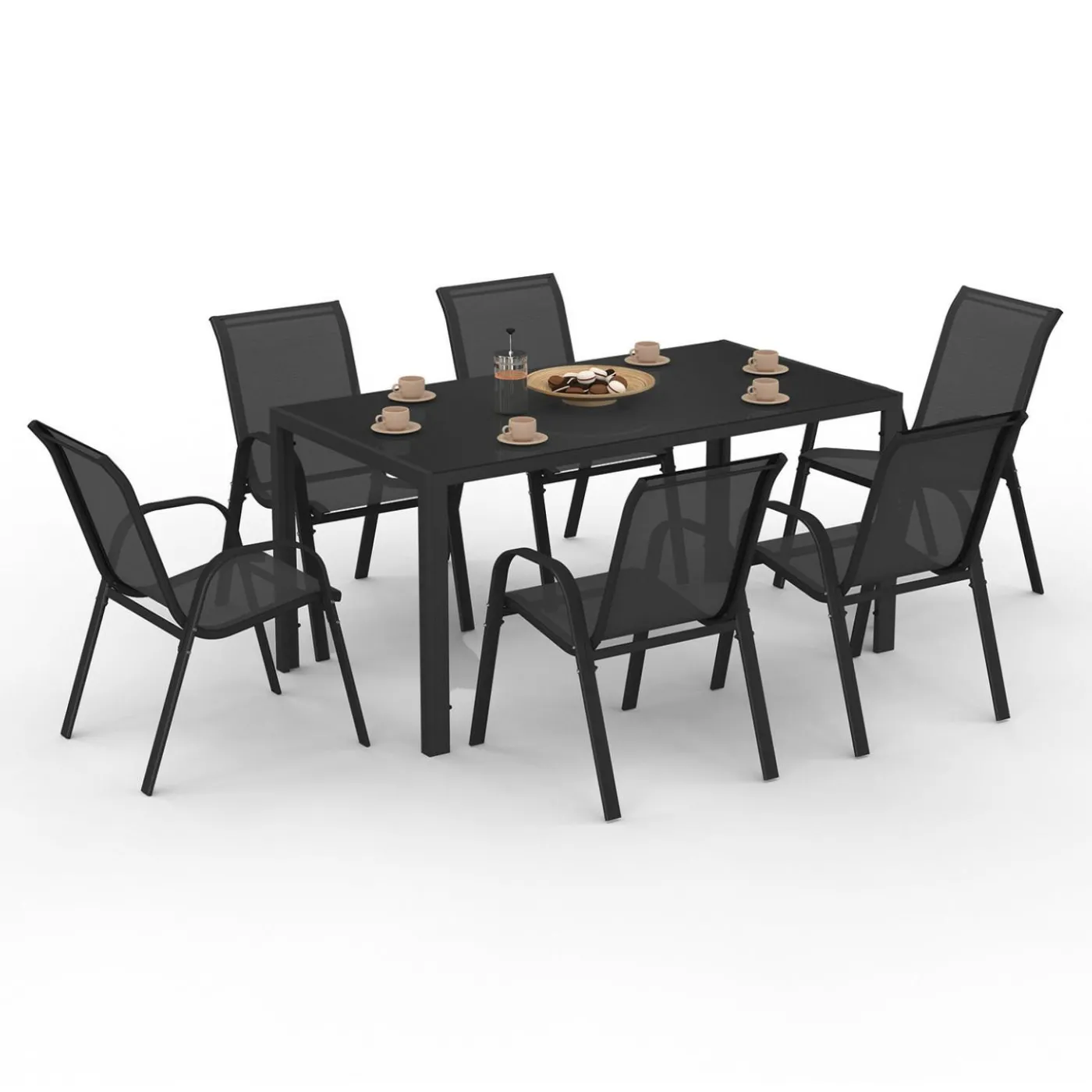 Salon de jardin avec table 150 cm et 6 chaises empilables noir et acier