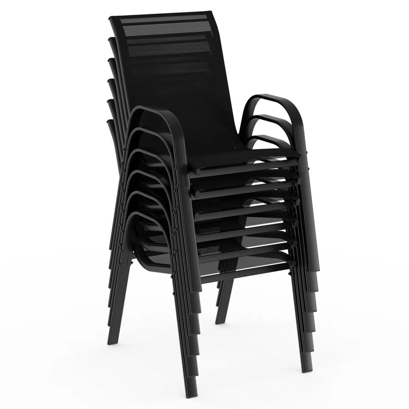 Salon de jardin avec table 150 cm et 6 chaises empilables noir et acier