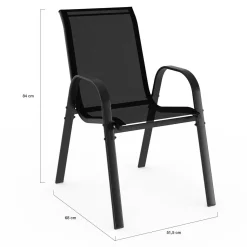 Salon de jardin avec table 150 cm et 6 chaises empilables noir et acier