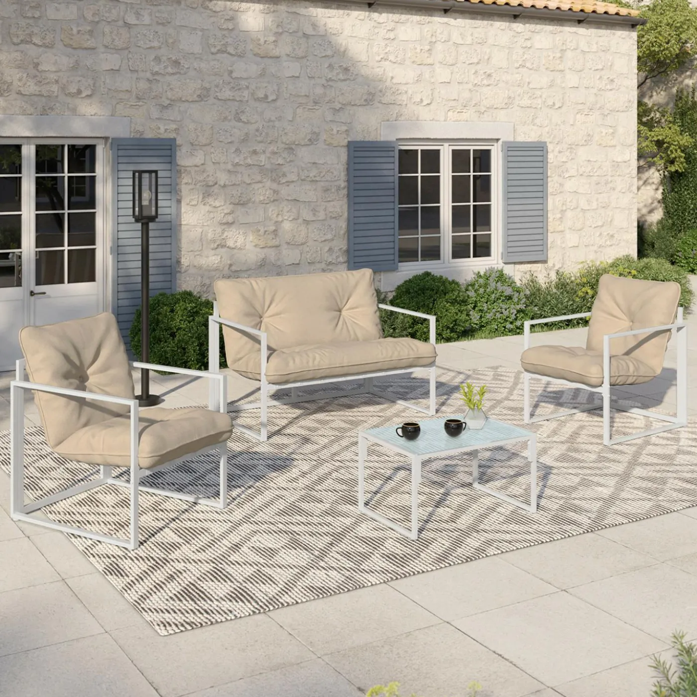 Salon de jardin bas 4 personnes en acier blanc