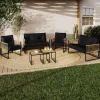 Salon de jardin bas 6 personnes canapés et fauteuils noir et cordage effet rotin clair avec tables basses