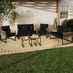 Salon de jardin bas 6 personnes canapés et fauteuils noir et cordage effet rotin clair avec tables basses