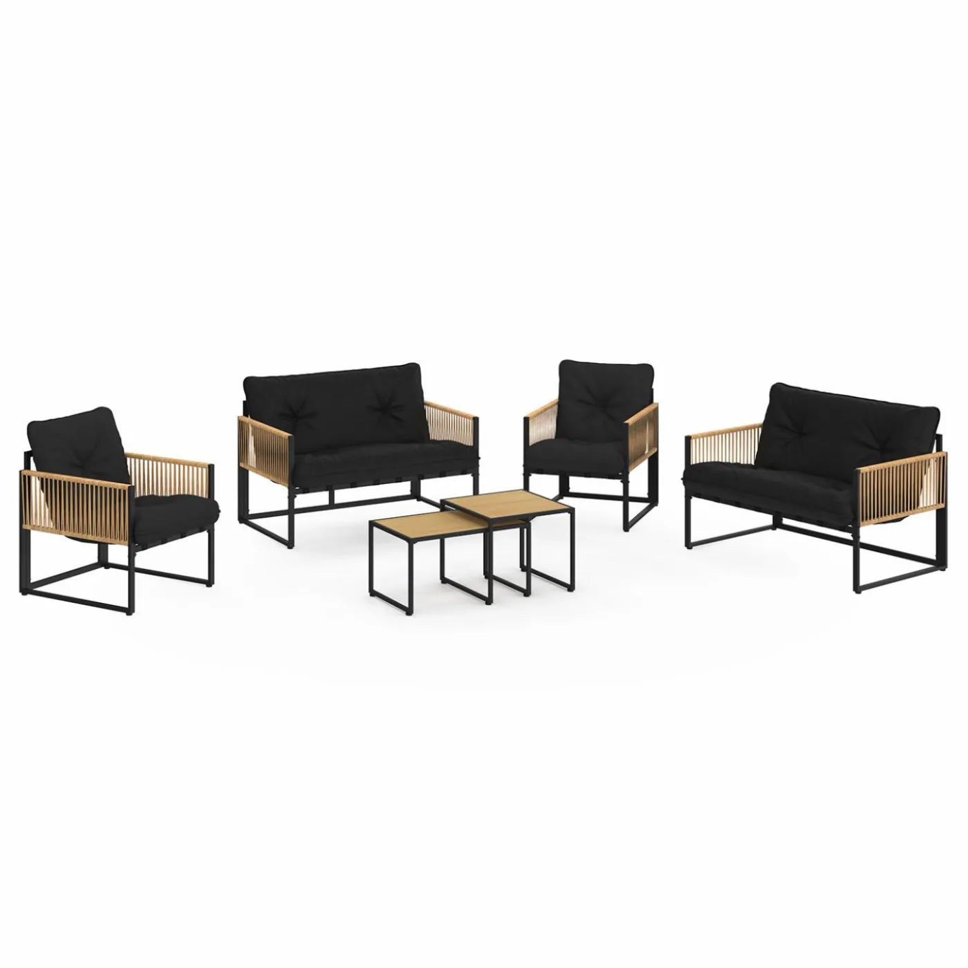Salon de jardin bas 6 personnes canapés et fauteuils noir et cordage effet rotin clair avec tables basses