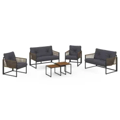Salon de jardin bas 6 personnes canapés et fauteuils gris anthracite et cordage effet rotin avec tables basses