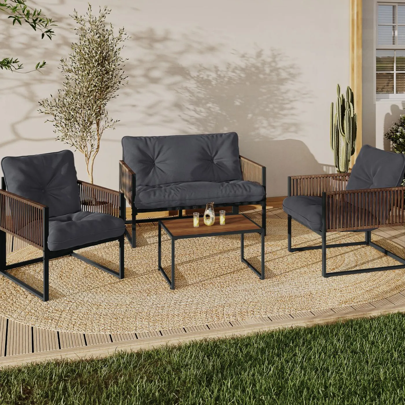 Salon de jardin bas 4 places acier gris et cordage marron
