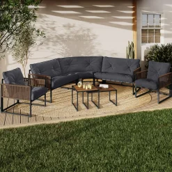 Salon de jardin bas 8 places canapé d'angle, fauteuils avec coussin gris et 2 tables basses