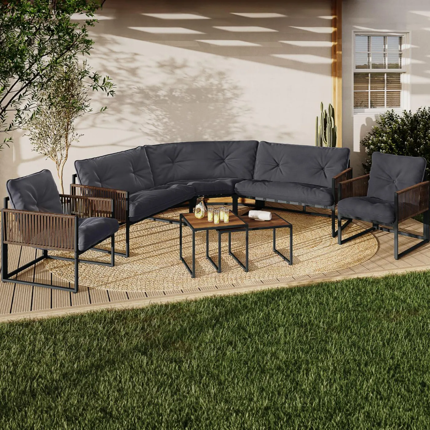 Salon de jardin bas 8 places canapé d'angle, fauteuils avec coussin gris et 2 tables basses