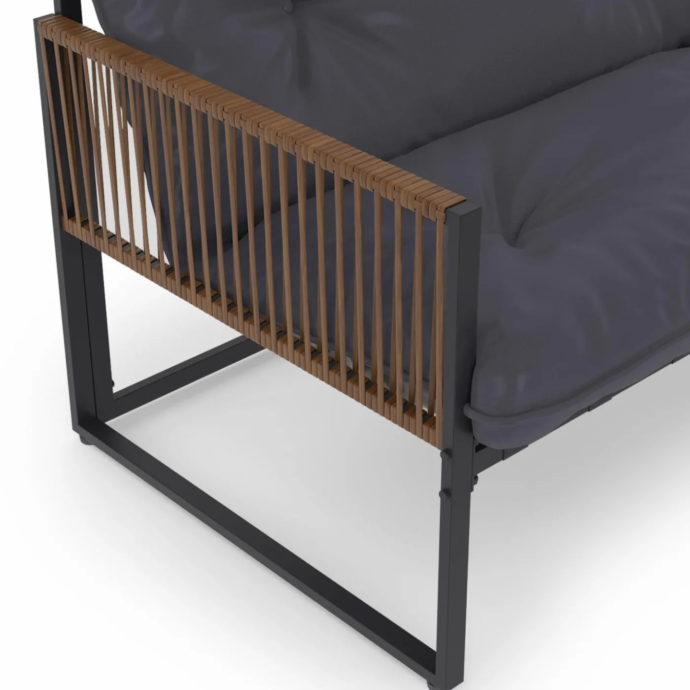 Salon de jardin bas 8 places canapé d'angle, fauteuils avec coussin gris et 2 tables basses