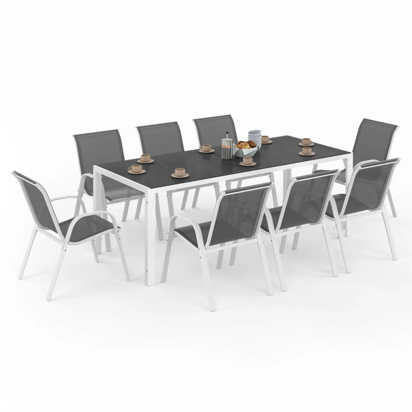 Salon de jardin blanc et gris avec 8 chaises empilables