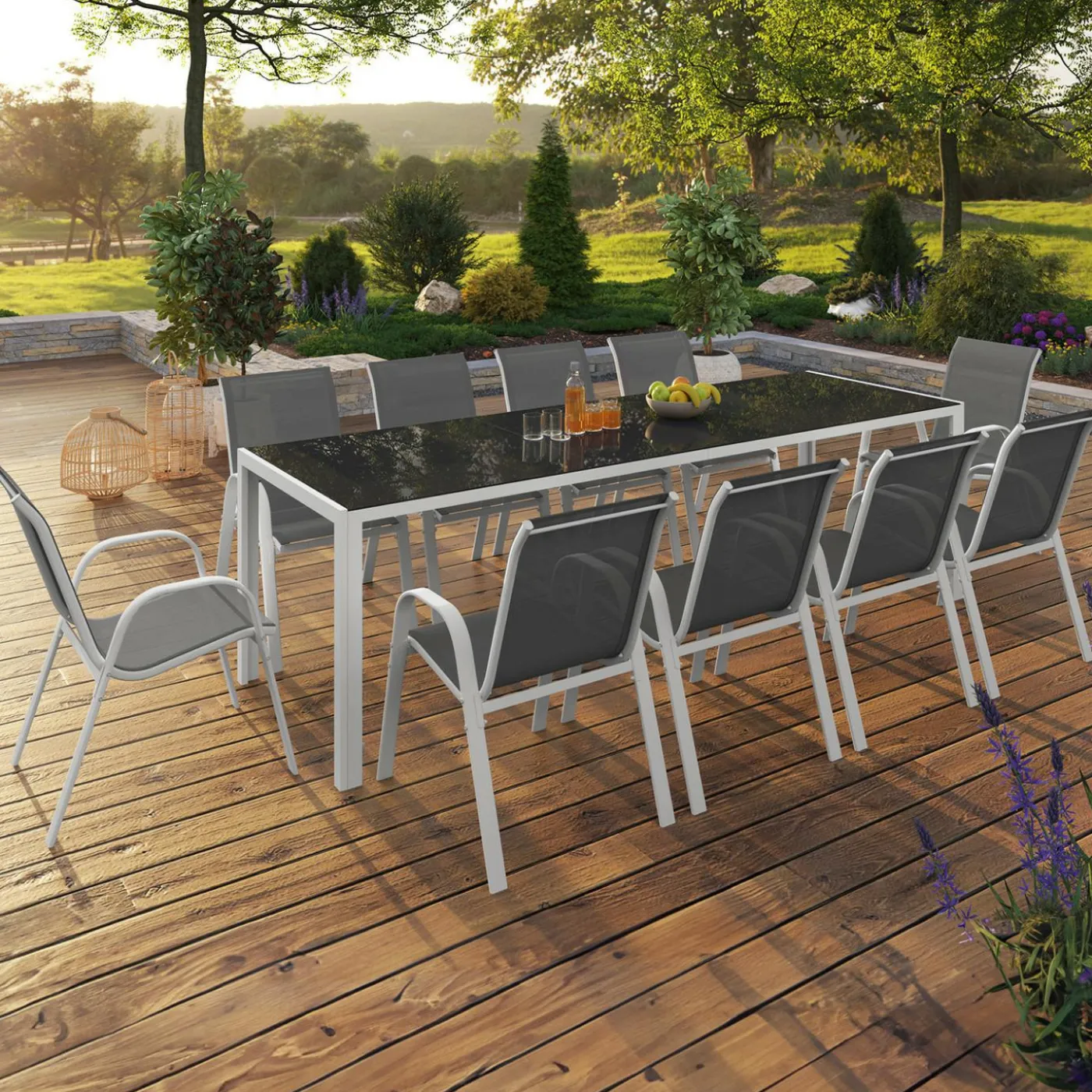 Salon de jardin blanc et gris avec chaises empilables