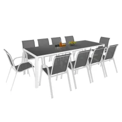 Salon de jardin blanc et gris avec chaises empilables
