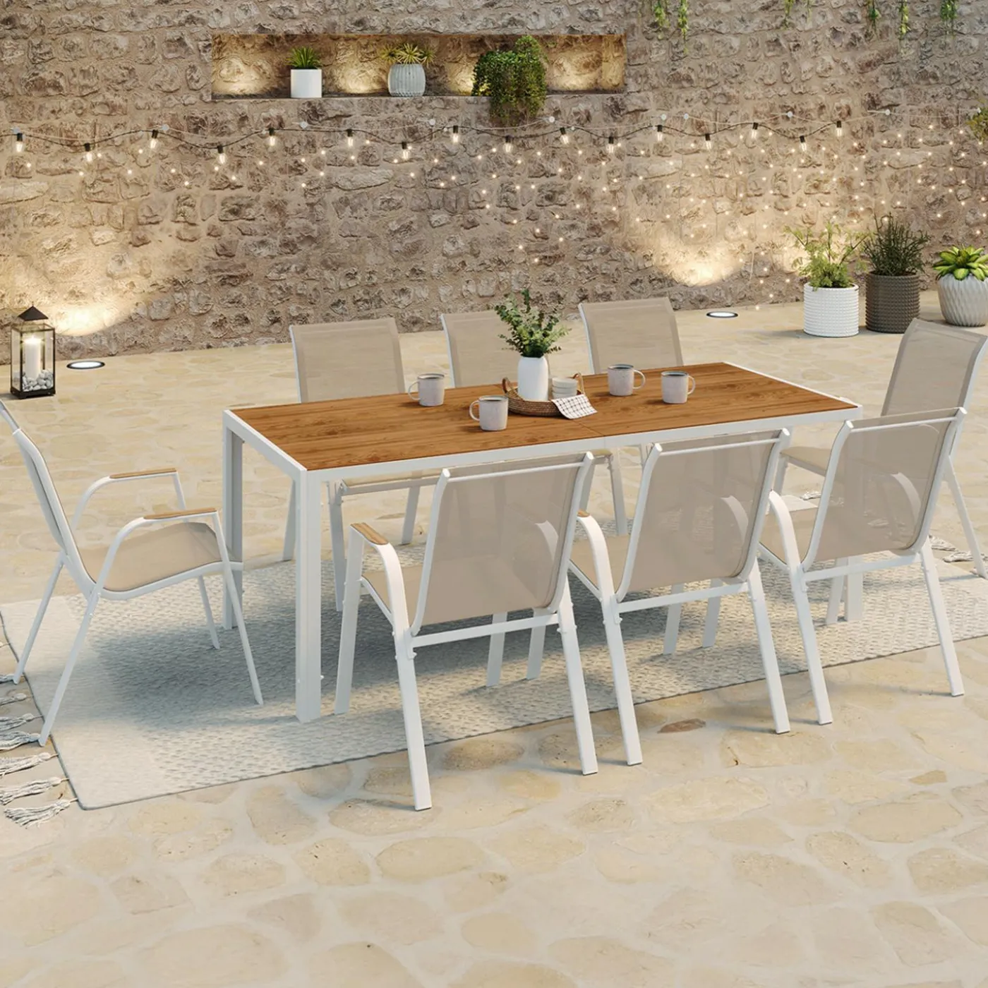 Salon de jardin bois et blanc avec table 190 cm et 8 chaises empilables