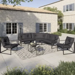 Salon de jardin d'angle bas 8 personnes gris