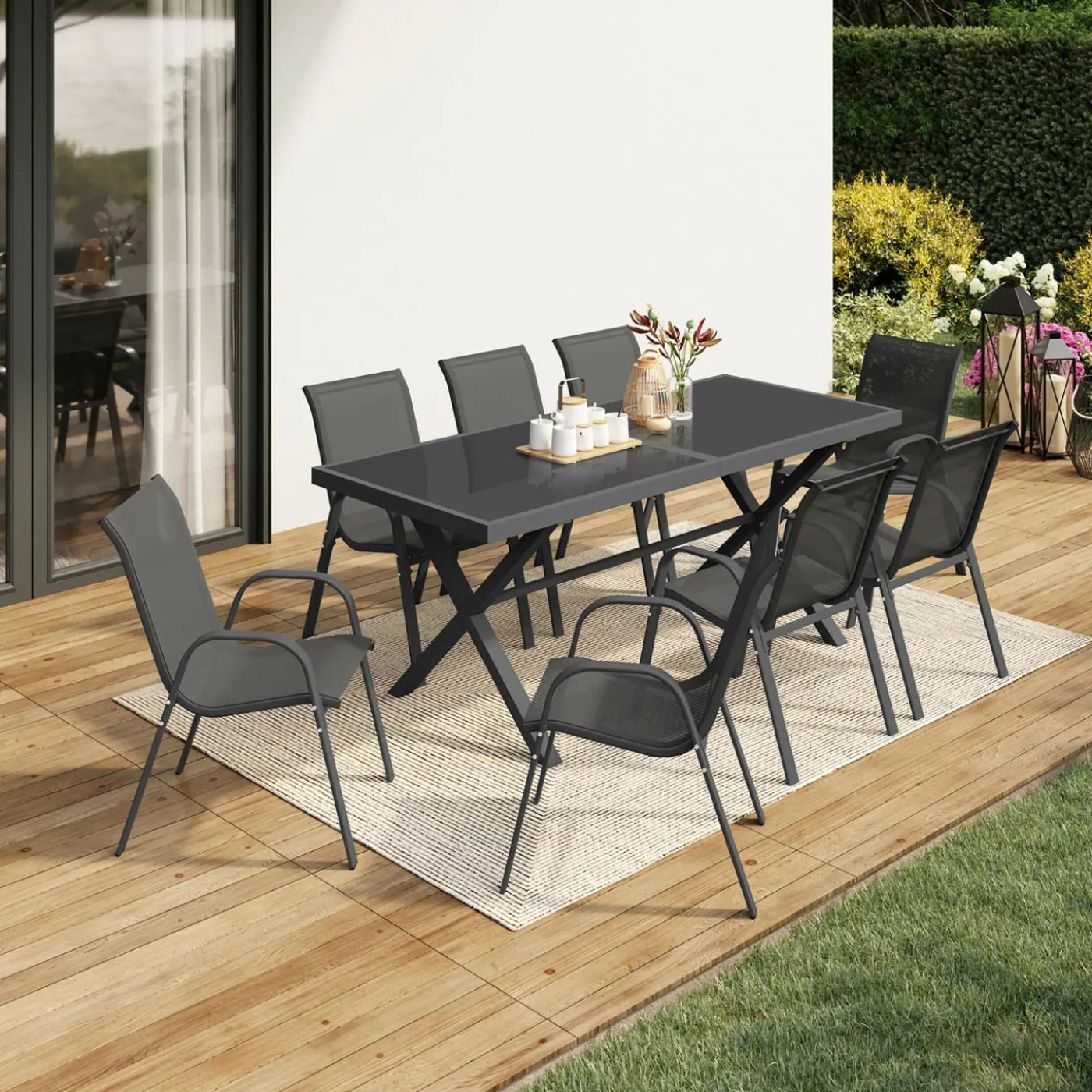 Salon de jardin et chaises empilables gris anthracite