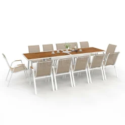 Salon de jardin extensible 12 personnes table 135/270 cm plateau effet bois et chaises empilables blanc et bois