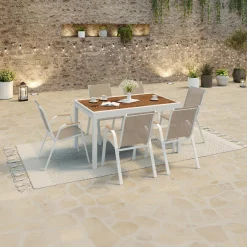 Salon de jardin extensible 12 personnes table 135/270 cm plateau effet bois et chaises empilables blanc et bois