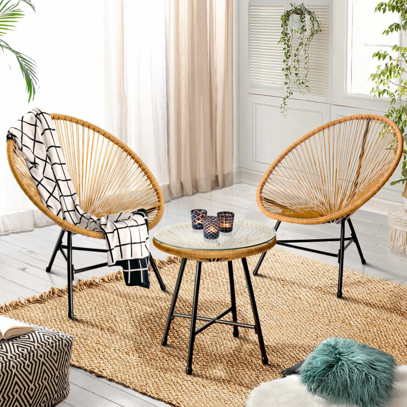 Salon de jardin fil plastique effet rotin