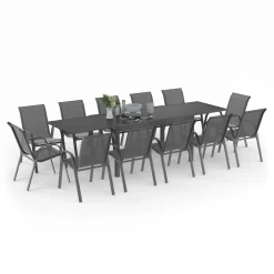 Salon de jardin gris anthracite avec table extensible et 12 chaises