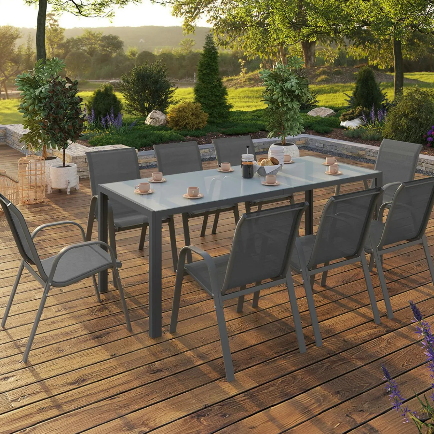 Salon de jardin gris anthracite table 190 cm et 8 chaises empilables