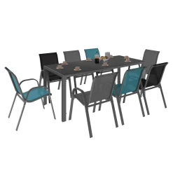 Salon de jardin mix color bleu, gris et noir table 190 cm et 8 chaises empilables