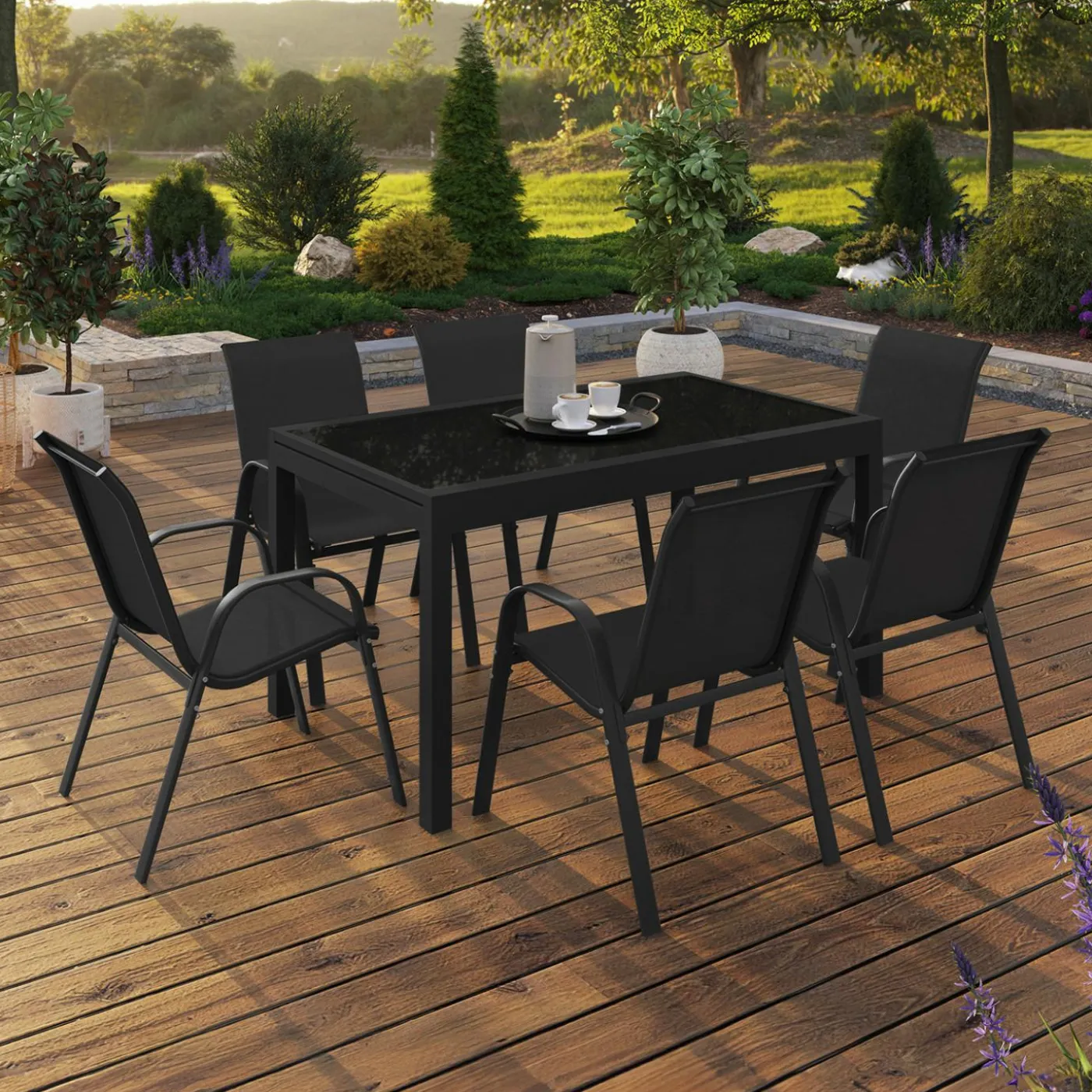 Salon de jardin noir avec table extensible et 12 chaises empilables