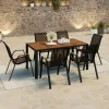 Salon de jardin noir et bois avec table 150 cm plateau verre trempé effet bois et 6 chaises empilables