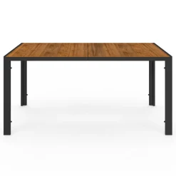 Salon de jardin noir et bois avec table 150 cm plateau verre trempé effet bois et 6 chaises empilables