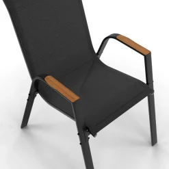 Salon de jardin noir et bois avec table 150 cm plateau verre trempé effet bois et 6 chaises empilables