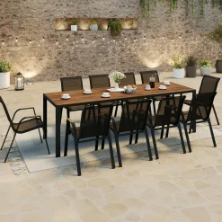 Salon de jardin noir et bois table de jardin 240 cm avec 10 chaises empilables