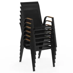 Salon de jardin noir et bois table de jardin 240 cm avec 10 chaises empilables