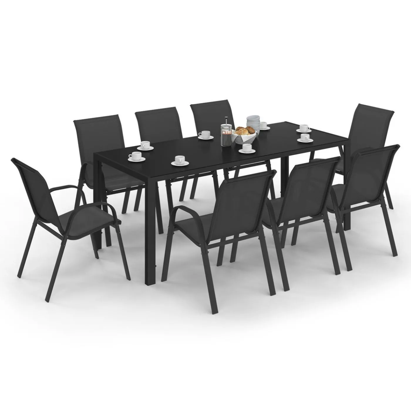 Salon de jardin noir table 190 cm et 8 chaises empilables