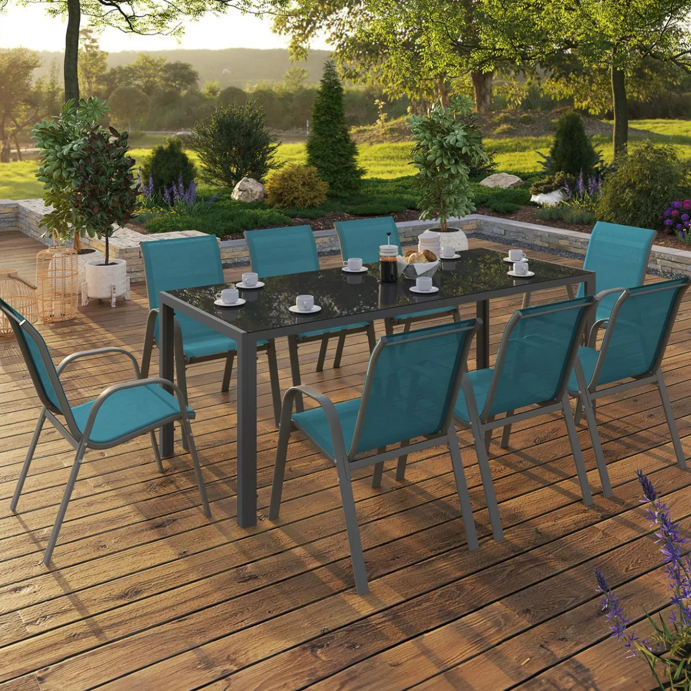 Salon de jardin table 190 cm et 8 chaises empilables bleu canard