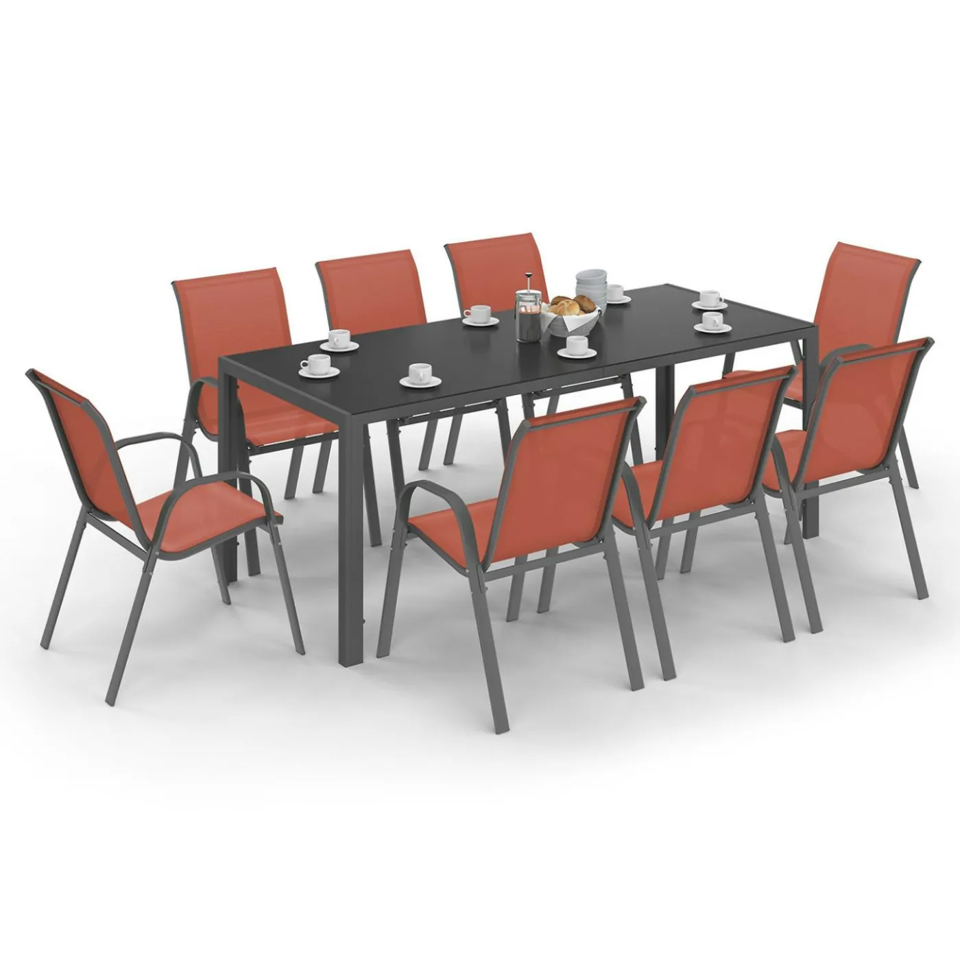 Salon de jardin table 190cm et 8 chaises empilables terracotta