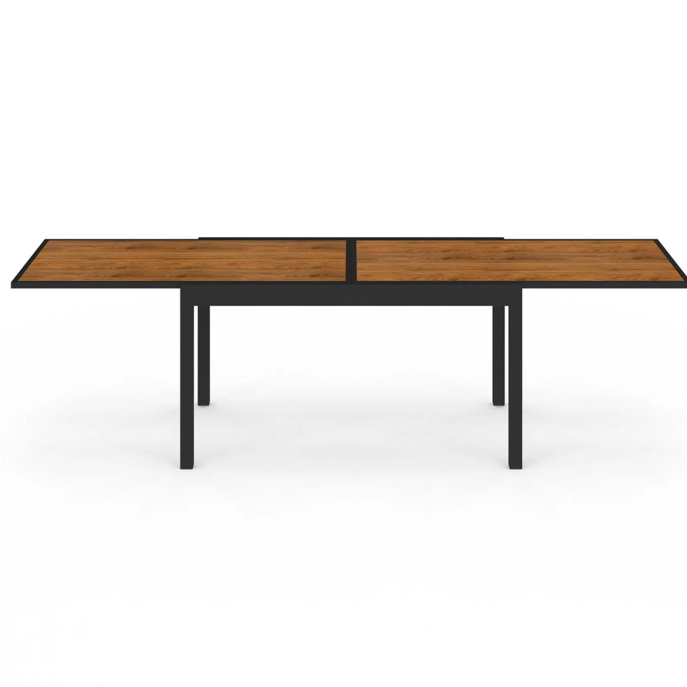 Salon de jardin table extensible avec plateau verre trempé effet bois et chaises empilables