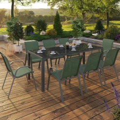 Salon de jardin vert olive avec table 190 cm et 8 chaises empilables