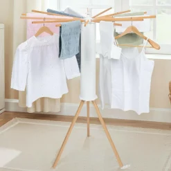 Séchoir à linge à rayons rotatif et pliable blanc et bois