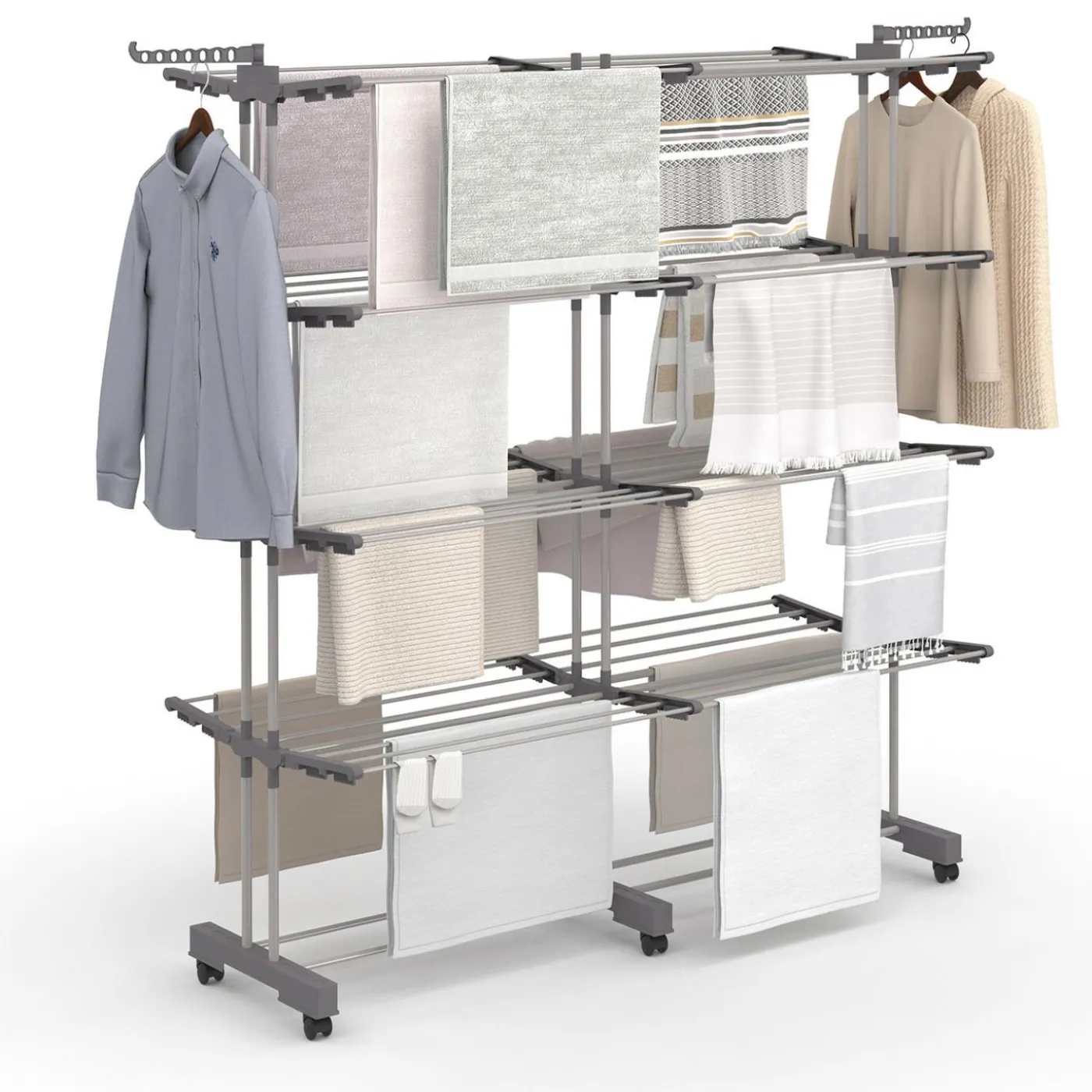 Séchoir à linge vertical pliable et extensible 4 niveaux capacité 50m inox et gris