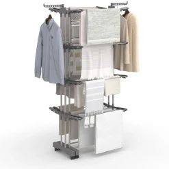 Séchoir à linge vertical pliable et extensible 4 niveaux capacité 50m inox et gris