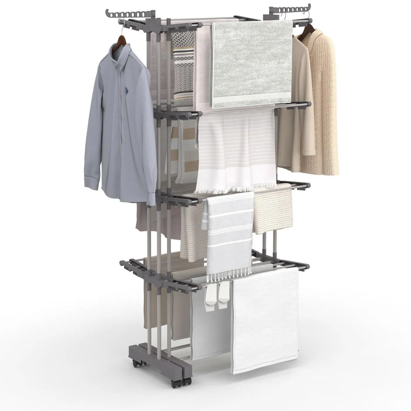 Séchoir à linge vertical pliable et extensible 4 niveaux capacité 50m inox et gris