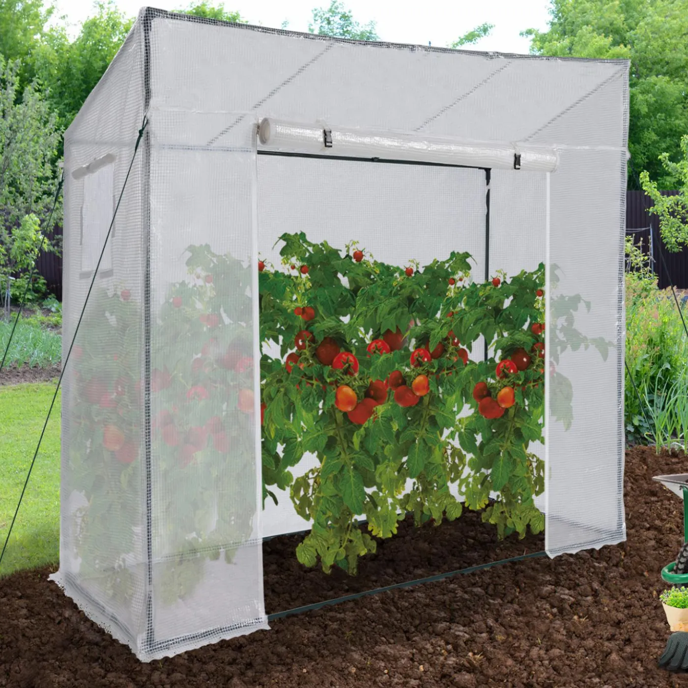 Serre de jardin blanche avec porte et fenêtres relevables