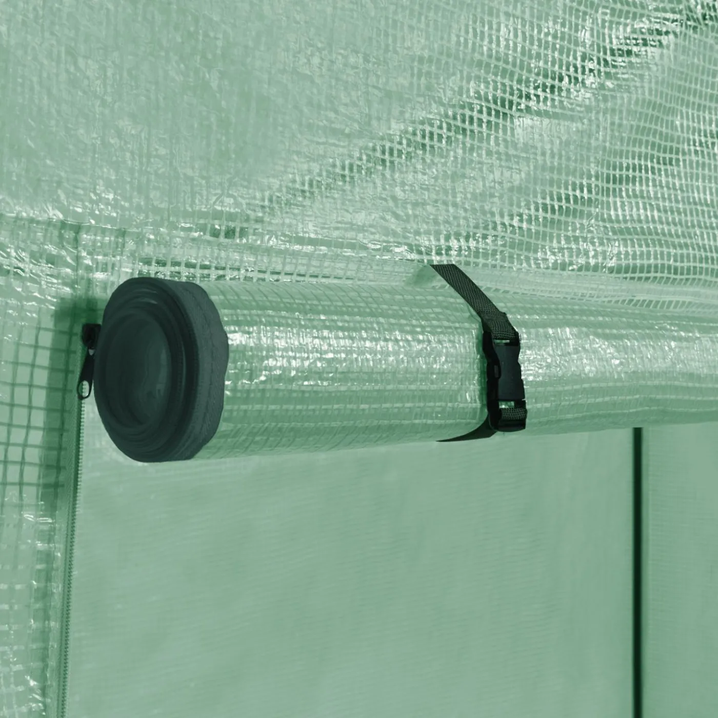 Serre de jardin verte avec porte et fenêtres relevables