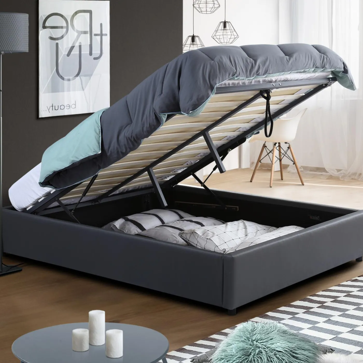 Sommier coffre de rangement 160x200 cm gris