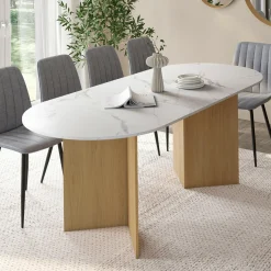 Table à manger extensible ovale MARTHE 6 -10 personnes plateau marbre blanc ALASKA et bois façon hêtre 160-200 cm