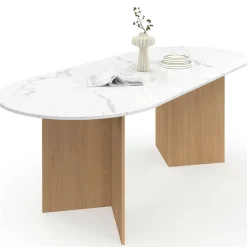Table à manger extensible ovale MARTHE 6 -10 personnes plateau marbre blanc ALASKA et bois façon hêtre 160-200 cm