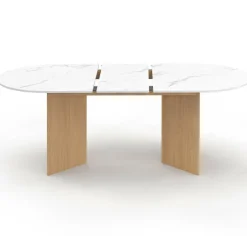 Table à manger extensible ovale MARTHE 6 -10 personnes plateau marbre blanc ALASKA et bois façon hêtre 160-200 cm