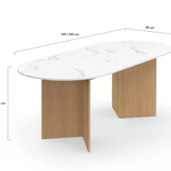 Table à manger extensible ovale MARTHE 6 -10 personnes plateau marbre blanc ALASKA et bois façon hêtre 160-200 cm